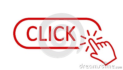 Click here button with hand pointer clicking. Click here web button. Isolated website buy or register bar icon with hand finger Vector Illustration